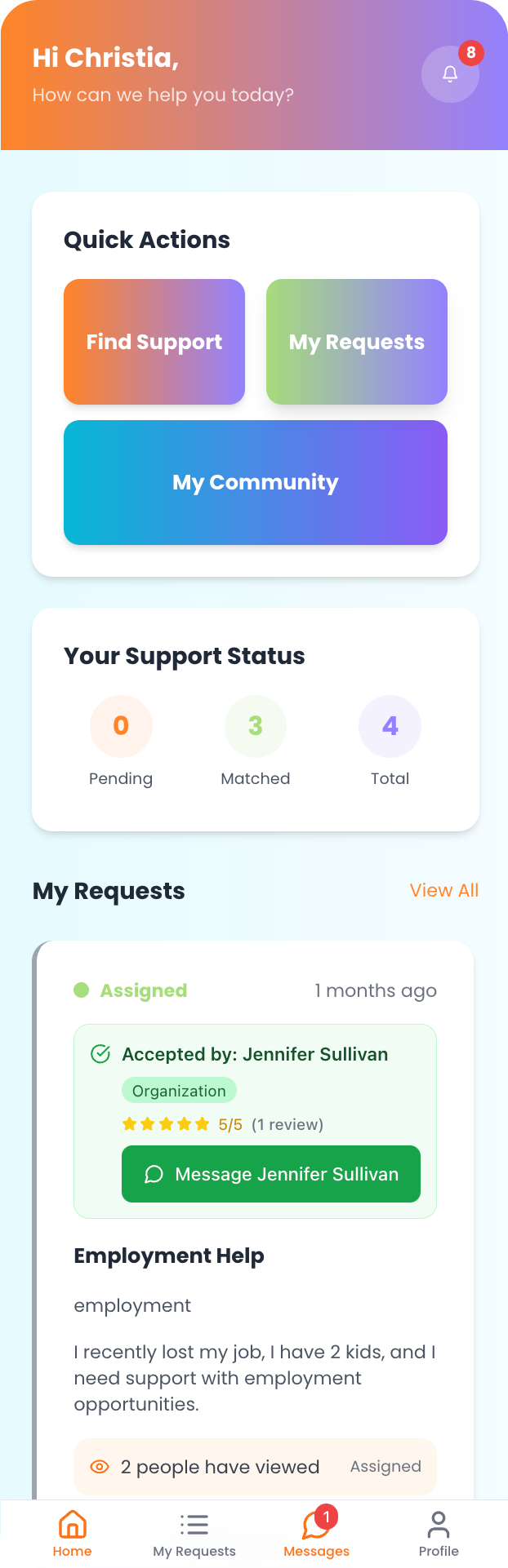 Amalynk family dashboard — quick actions, support status, and active requests