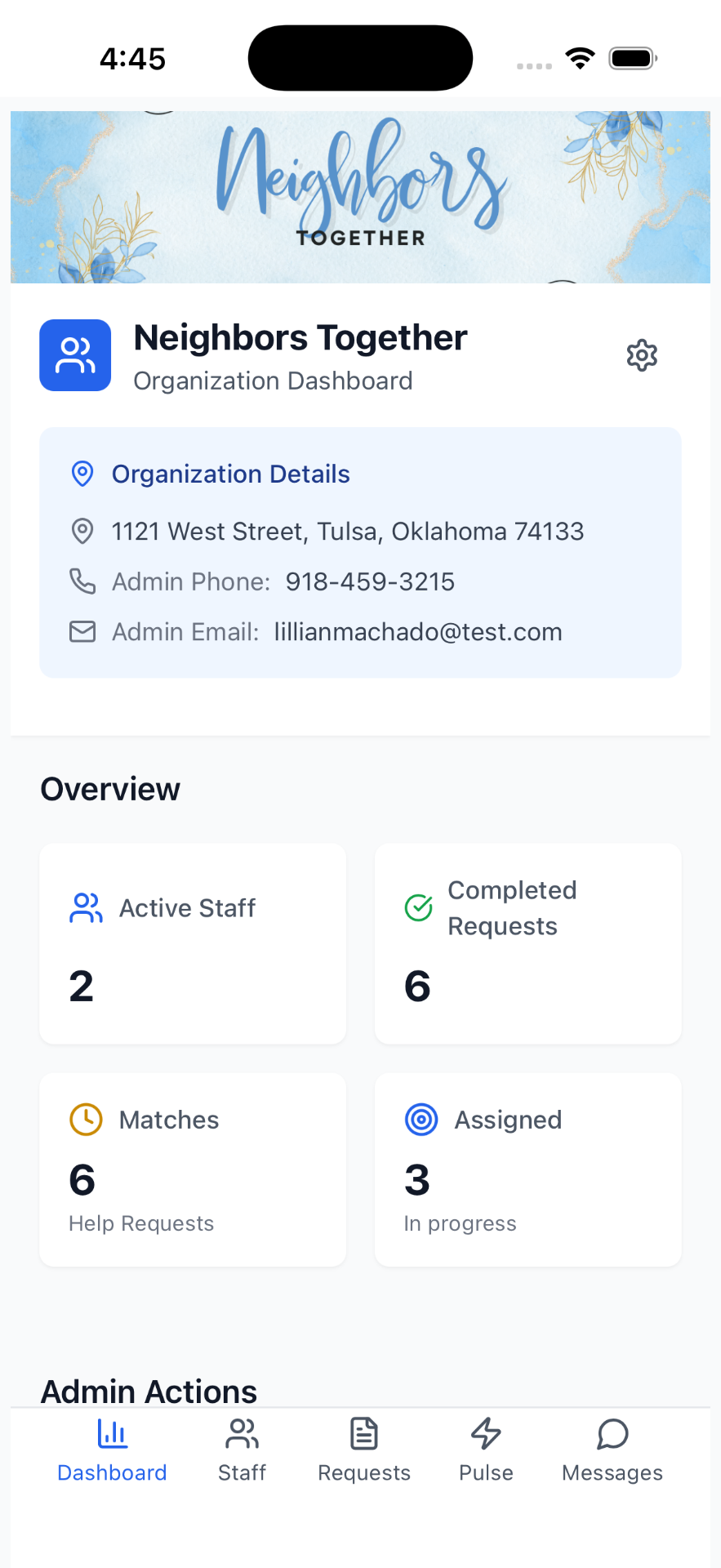 Amalynk organization admin dashboard — Neighbors Together overview, stats, and admin actions